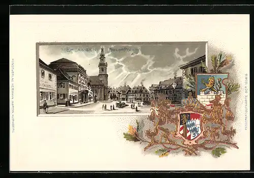 Lithographie Erlangen, Hauptstrasse mit Rathaus, Wappen