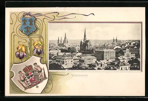 Passepartout-Lithographie Wiesbaden, Totalansicht über die Dächer mit Wappen