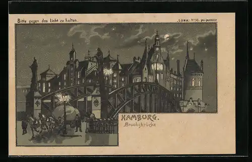 Lithographie Hamburg, Partie an der Brooksbrücke, Pferdegespann, Halt gegen das Licht