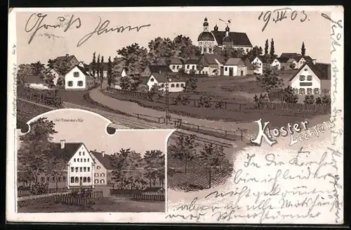 Lithographie Kloster Lechfeld, Gasthaus zur Post, Ortsansicht von der Landstrasse aus, mit Bahnsteig und Eisenbahn