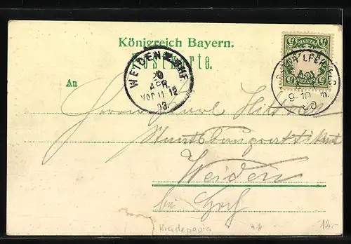 Lithographie Kloster Lechfeld, Gasthaus zur Post, Ortsansicht von der Landstrasse aus, mit Bahnsteig und Eisenbahn