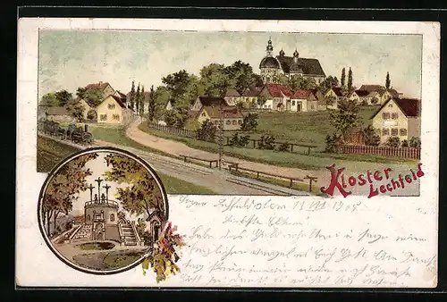 Lithographie Kloster Lechfeld, Denkmal-Anlage, Ortsansicht von der Landstrasse aus, mit Bahnsteig und Eisenbahn