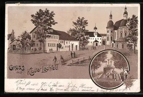 Lithographie Kloster Lechfeld, Ortspartie mit Gasthaus Jakob Höhl, Kirche und Kloster, Denkmal