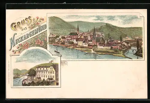 Lithographie Neckargemünd, Gasthof Pension zur Pfalz, Gesamtansicht