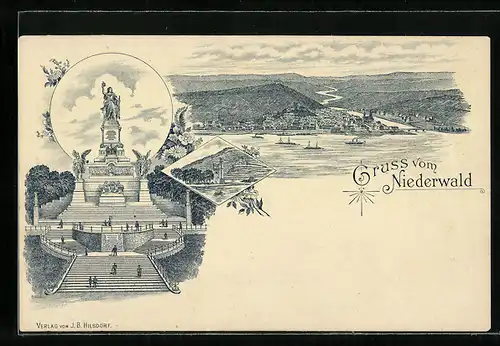 Lithographie Rüdesheim am Rhein, Totalansicht des Niederwalddenkmals