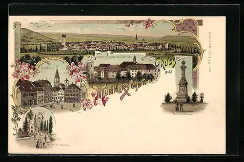 Lithographie Münnerstadt, Marktplatz, Vor dem Jörgentor, Kriegerdenkmal