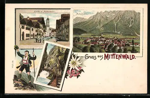 Lithographie Mittenwald, Markt, Totalansicht, Wanderer
