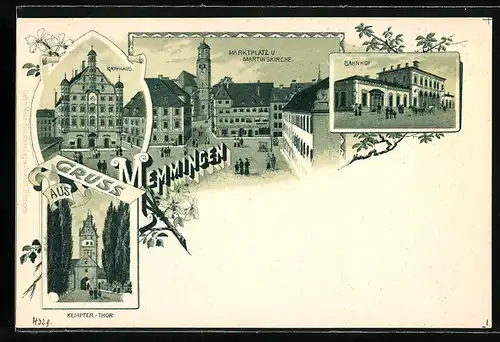 Lithographie Memmingen, Marktplatz mit Martinskirche, Bahnhof, Rathaus und Kempter-Tor