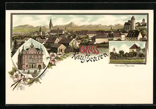 Lithographie Kaufbeuren, Ortsansicht, Rathhaus, Hexen-Thurm