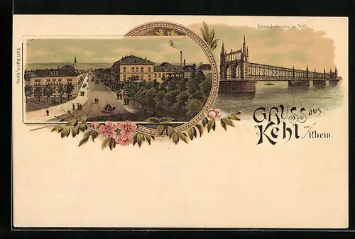 Lithographie Kehl, Eisenbahnbrücke, Strassenansicht