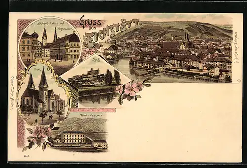 Lithographie Eichstätt, Bischöfl. Palais, Dom, Burg, Militär-Lazarett