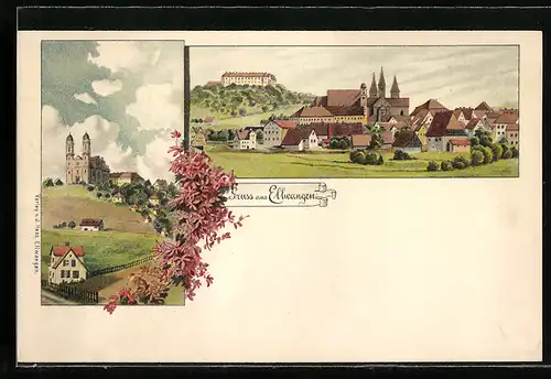 Lithographie Ellwangen, Teilansicht, Ortspartie