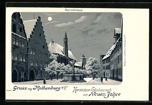 Winter-Lithographie Rothenburg a. T., Herrnstrasse im Mondenschein