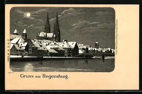Lithographie Regensburg, Uferpartie mit Kirche