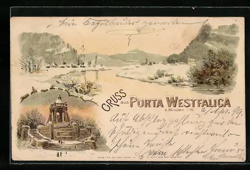 Winter-Lithographie Porta Westfalica b. Minden, Flusspartie mit Denkmal
