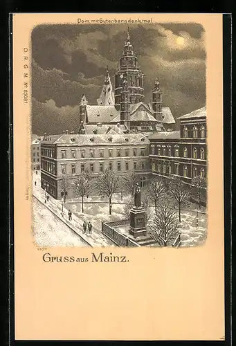 Winter-Lithographie Mainz, Dom mit Gutenbergdenkmal