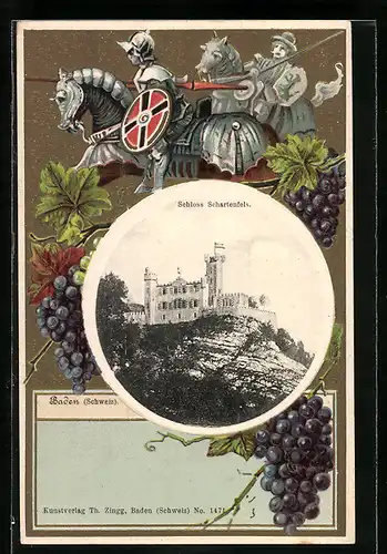 Passepartout-Lithographie Baden, Schloss Schartenfels, Ritter zu Pferde mit Lanze, Trauben