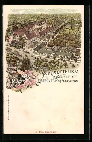 Lithographie Hannover, Restaurant-Kaffeegarten Pferdethurm, Luftaufnahme