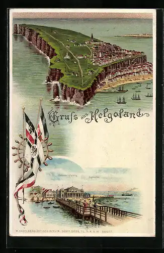 Lithographie Helgoland, Inselpanorama, Seebrücke, Leuchtturm und Strandhotels bei Beleuchtung