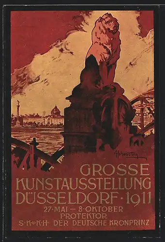 Künstler-AK Adolfo Hohenstein: Düsseldorf, Grosse Kunstausstellung 1911, Löwenplastik