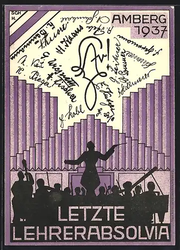 Künstler-AK Amberg, Letzte Lehrerabsolvia 1937, Orchester und Dirigent