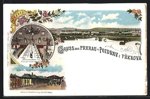 Lithographie Prerov, Bahnhof d. K. k. Ferdinands-Nordbahn, Bahnhofsrestaurant, Innenansicht, Ortspanorama