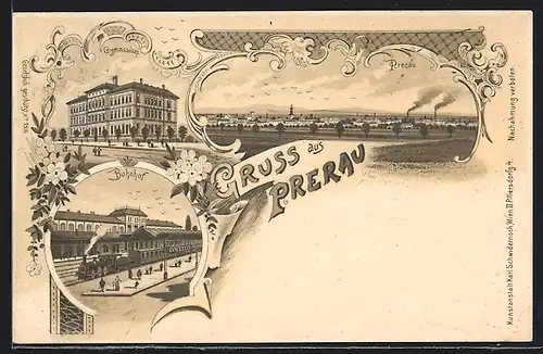 Lithographie Prerau, Bahnhof mit haltendem Zug, Gymnasium, Panorama