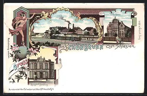 Lithographie Schönbrunn, Spaziers Handlung, Villa Braun, Bahnhof