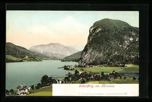 AK Scharfling am Mondsee, Blick über den See und die kleine Ortschaft