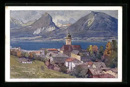 Künstler-AK St. Wolfgang, Ortsansicht am Wörthersee