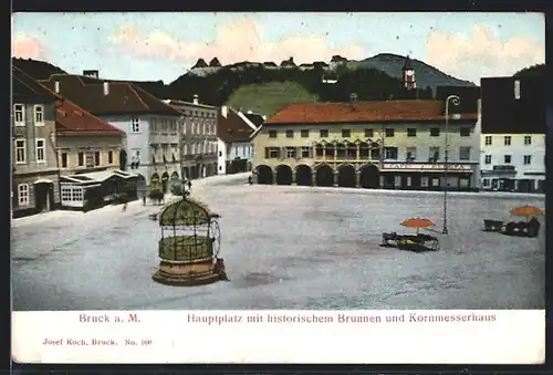 AK Bruck a. M., Hauptplatz mit historischem Brunnen und Kornmesserhaus