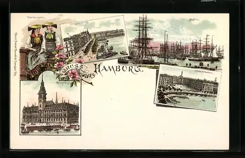 Lithographie Hamburg, Jungfernstieg, Alster-Arkaden, Rathaus