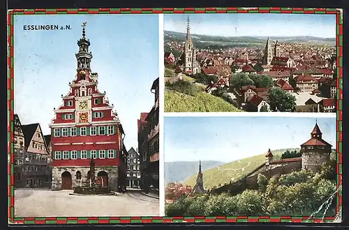 AK Esslingen, Ortsansicht, altes Rathaus und Burg