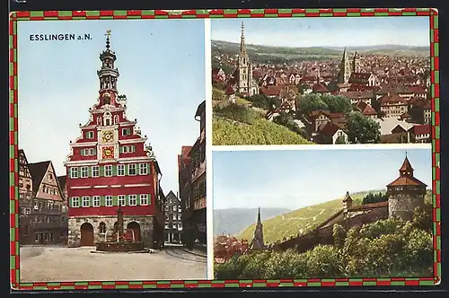 AK Esslingen, Ortsansicht, altes Rathaus und Burg