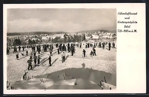 AK Dobel, Ortspartie mit Skifahrern im Schnee