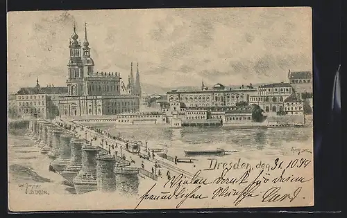 Künstler-AK Dresden, Uferpartie mit Kirche und Brücke