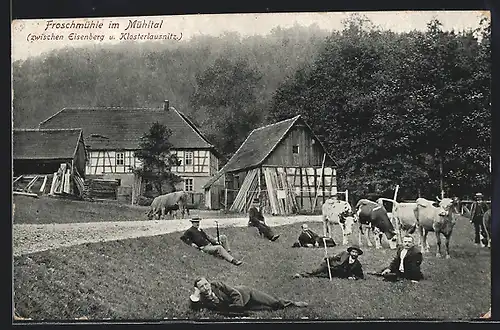 AK Eisenberg, Waldhaus Froschmühle, Kühe auf der Weide, Männer in der Wiese