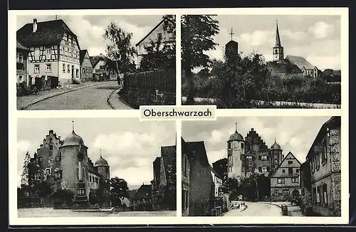 AK Oberschwarzach, Strassenpartie mit Gebäudeansicht, Kirche, Ortspartie