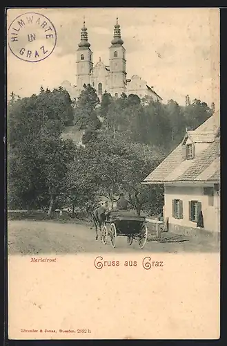 AK Graz, Kutsche auf einer Strasse mit Blick zur Kirche