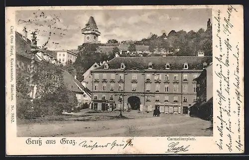 AK Graz, Blick vom Carmeliterplatz zum Uhrturm