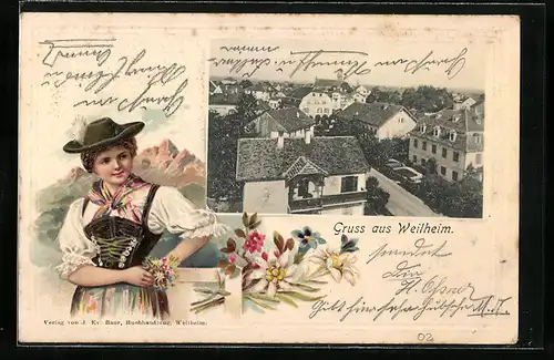 Passepartout-Lithographie Weilheim, Teilansicht aus der Vogelschau, Weilheimerin in Tracht vor Alpenglühen