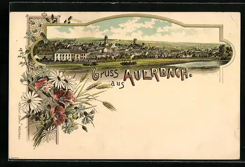 Lithographie Auerbach, Panoramablick auf die Ortschaft
