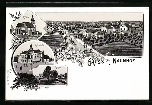 Lithographie Naunhof, Gasthaus Rathskeller, Totalansicht, Mühle