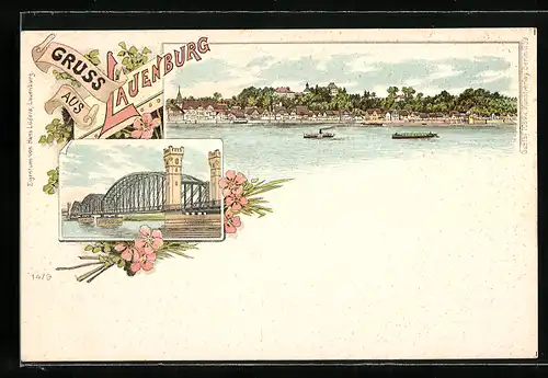 Lithographie Lauenburg, Brücke mit Türmen, Panorama vom Wasser gesehen