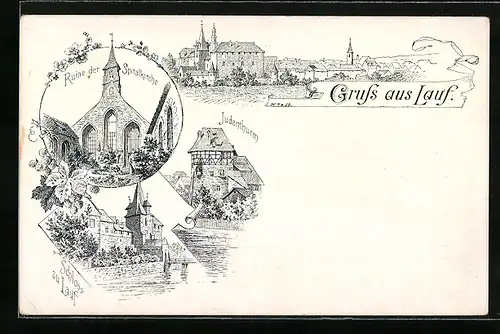 Lithographie Lauf, Judenthurm, Ruine der Spitalkirche, Panorama