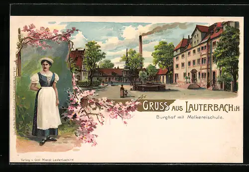 Lithographie Lauterbach, Burghof mit Molkereischule und Brunnen, Trachtenmädchen unter Blütenzweig