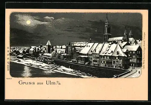 Winter-Lithographie Ulm, Teilansicht der Stadt
