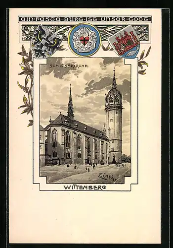 Passepartout-Lithographie Wittenberg, Gesamtansicht der Schlosskirche