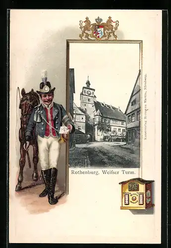 Passepartout-Lithographie Rothenburg, Weisser Turm, Briefträger mit Brief und Pferd, Briefkasten