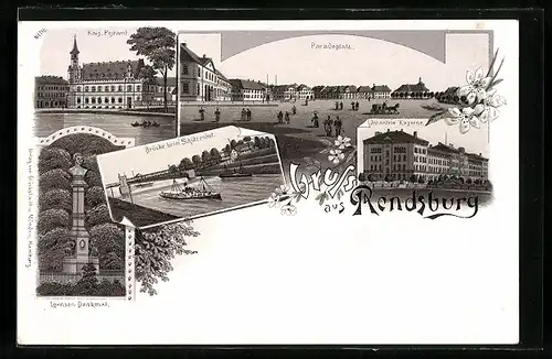Lithographie Rendsburg, Infanterie-Kaserne, Brücke beim Schützenhof, Postamt